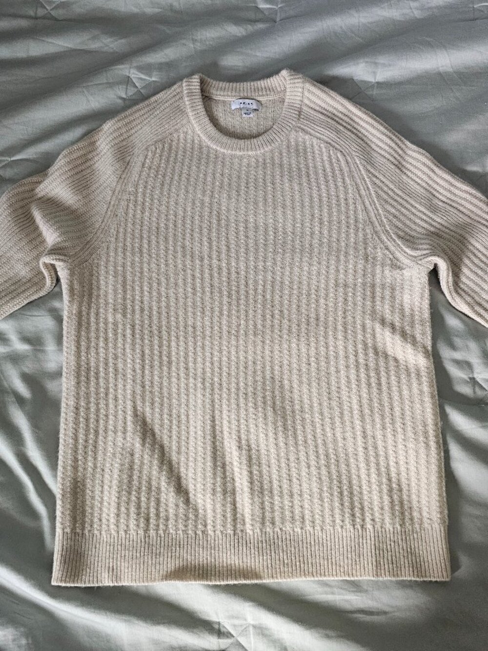 REISS Men Medium Beige Oatmeal Ribbed Knit Raglan Sleeve Wool Blend Crew Sweater